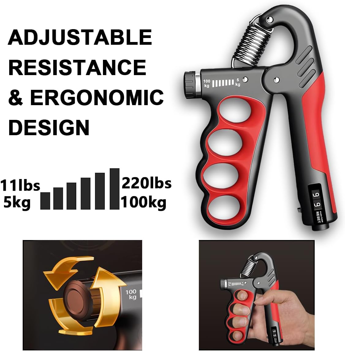 Verstellbarer Handtrainer | 5–100 kg Widerstand | Wiederholungszähler | Rutschfeste Griffe