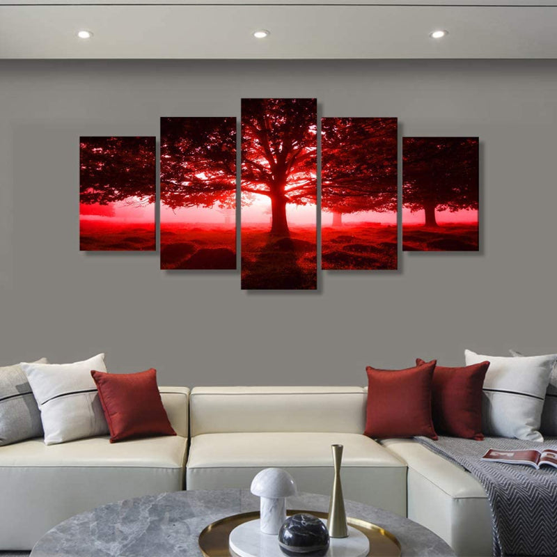 5-teiliges rotes Landschafts-Leinwand-Wandkunstbild