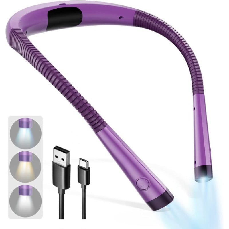 Brehn | LED Nackenleselampe, Buchlicht zum Lesen im Bett, 3 Farben, 6 Helligkeitsstufen, biegbarer Arm, wiederaufladbar, langlebig, perfekt zum Lesen, Stricken, Campen, Reparieren