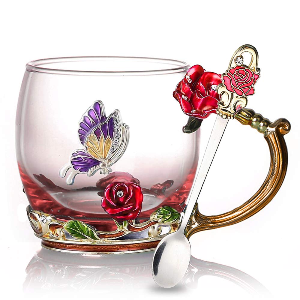 Teeservice aus emailliertem Rosenglas (mit Löffel)