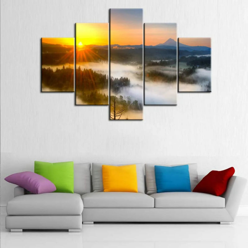 5er-Set Leinwandbilder mit Sonnenuntergangsbaum-Motiv