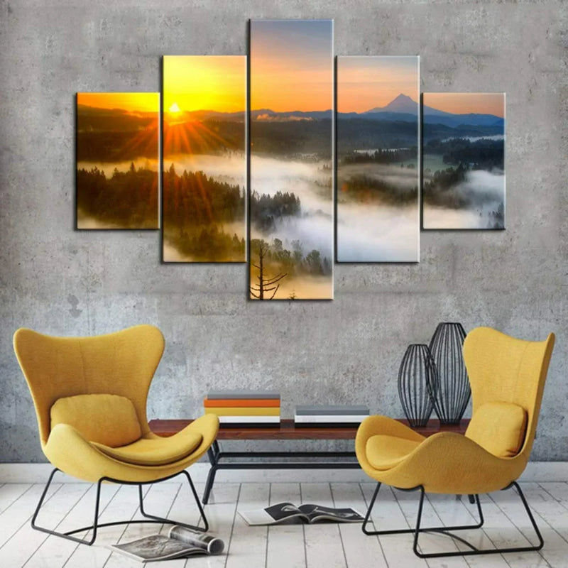 5er-Set Leinwandbilder mit Sonnenuntergangsbaum-Motiv