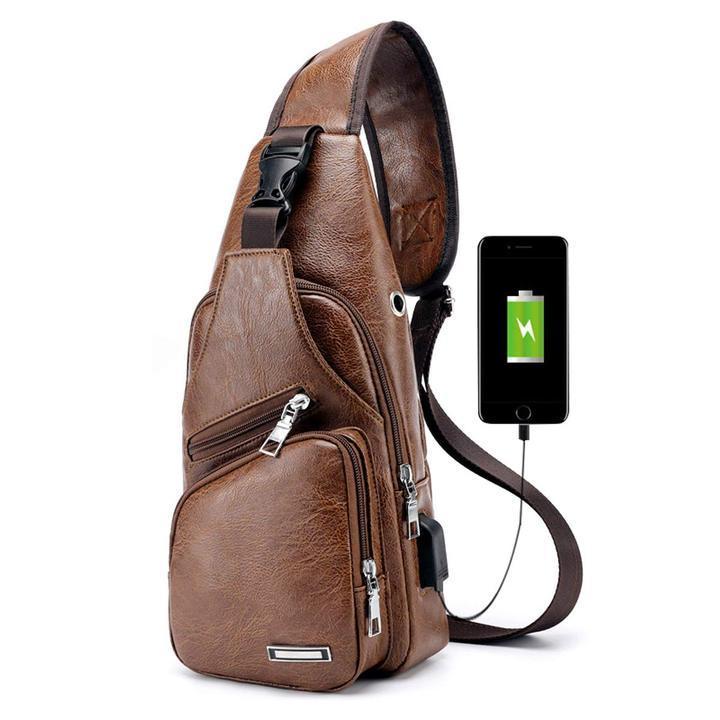 Brehn | Große Herren-Leder-Tasche Brust-Rucksack Wasserfester Crossbody-Bag mit USB