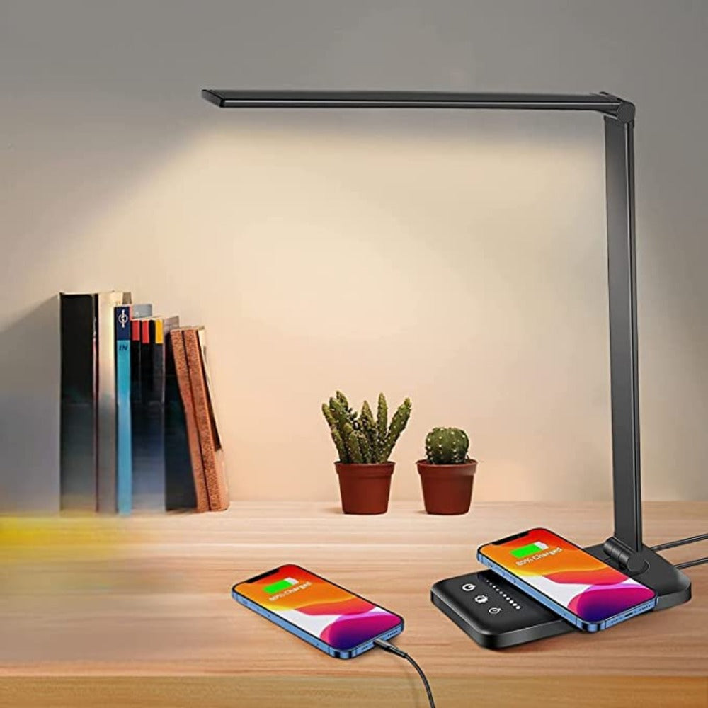 LED Tischlampe mit USB-Ladeanschluss - 5 Lichtstufen & dimmbare Helligkeit für Schreibtisch und Lesen | Brehn