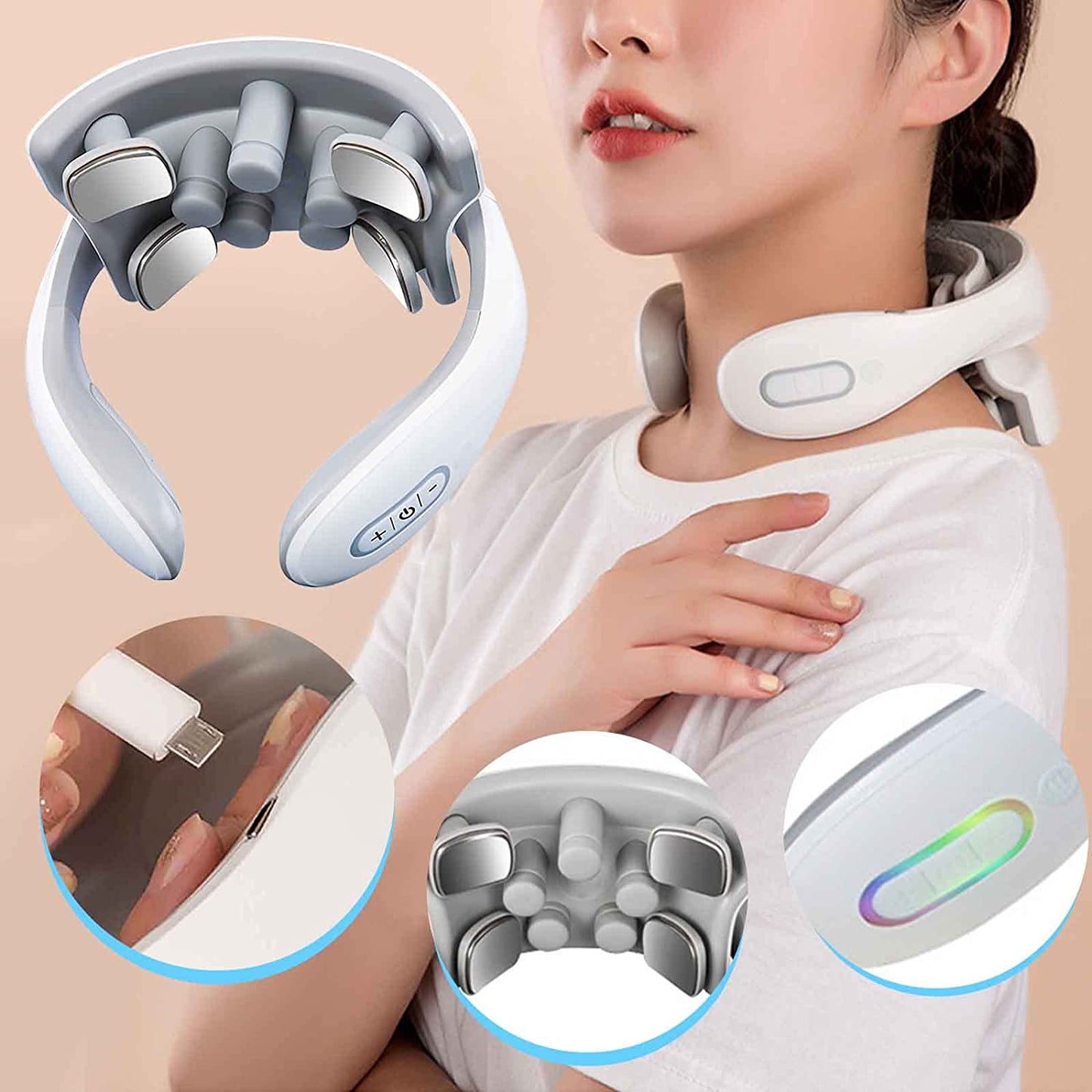 Brehn | Nackenmassager mit Wärme, Schmerztherapie, intelligenter Nackenmassager, 4 Massageköpfe tragbarer Tiefengewebs-Triggerpunkt-Massager