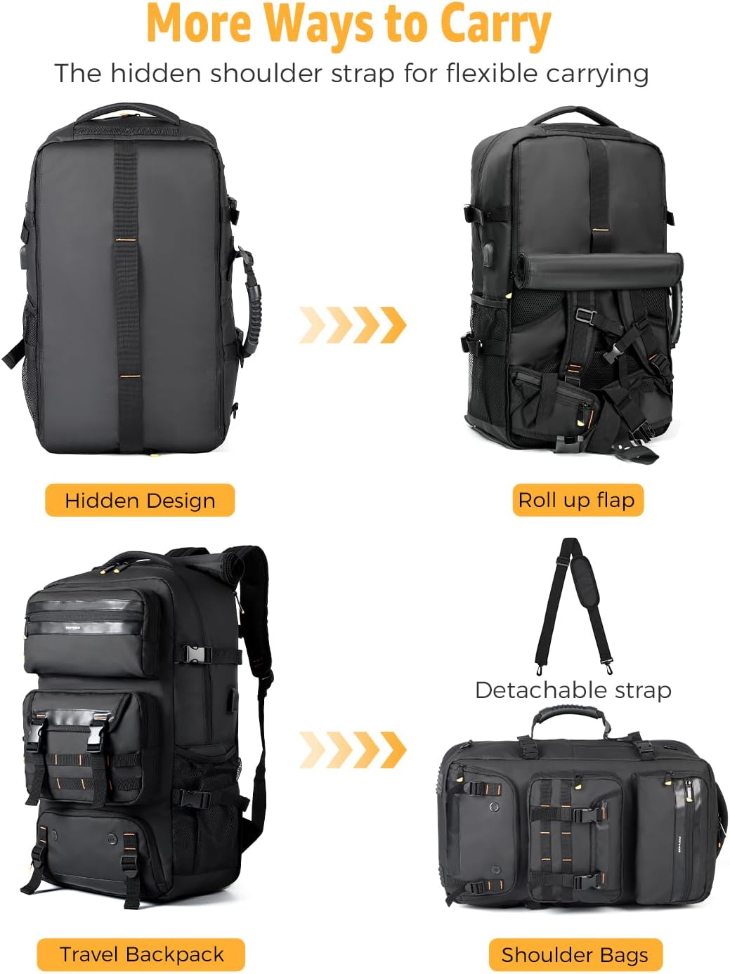 50L Flugbereiter Umwandelbarer Reise-Rucksack mit Schuhfach & USB-Anschluss | Brehn