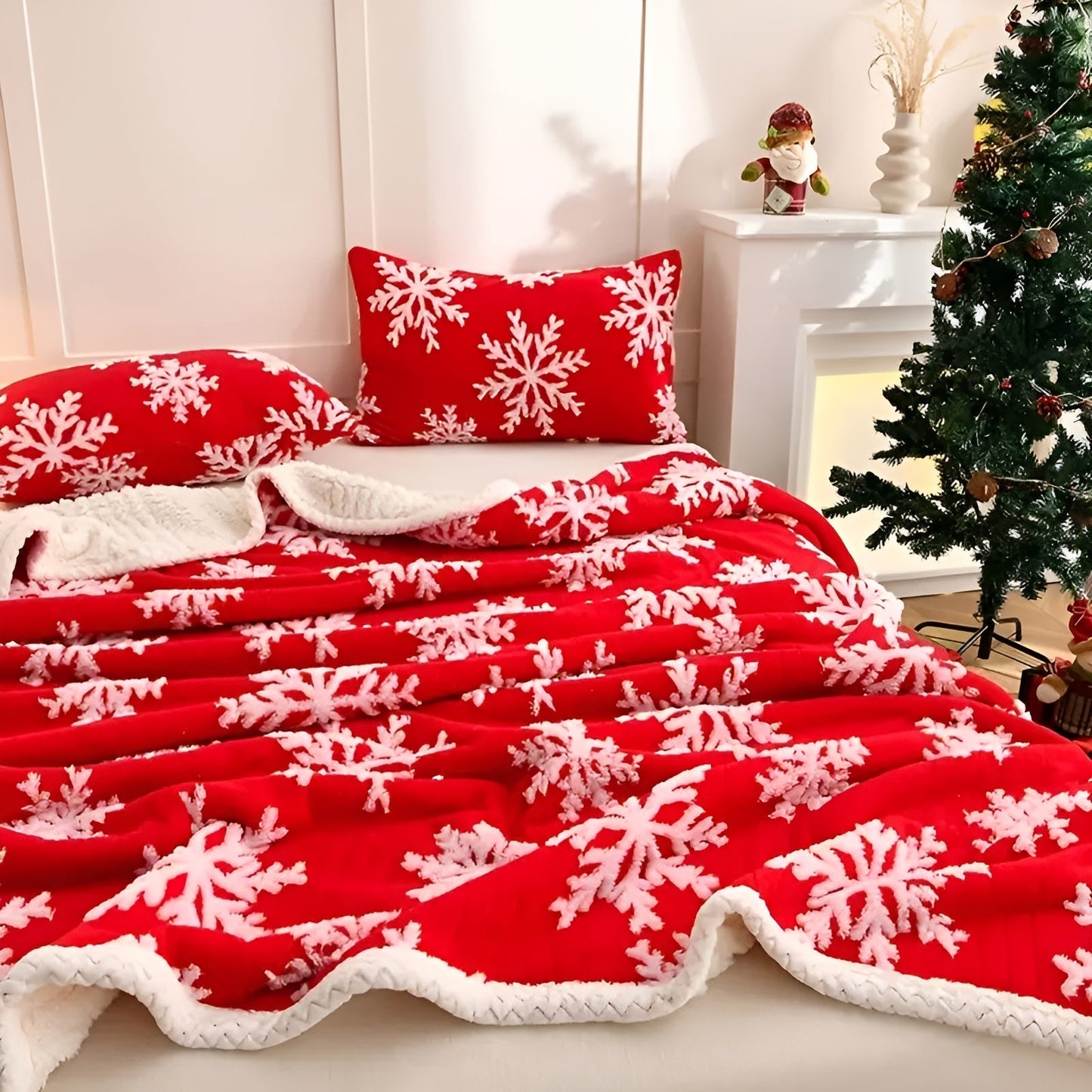 Kuschelig-weiches Fleece-Brehnanket mit Schneeflockenmuster – Gemütlich und wärmend | Perfekt für Sofa und Bett