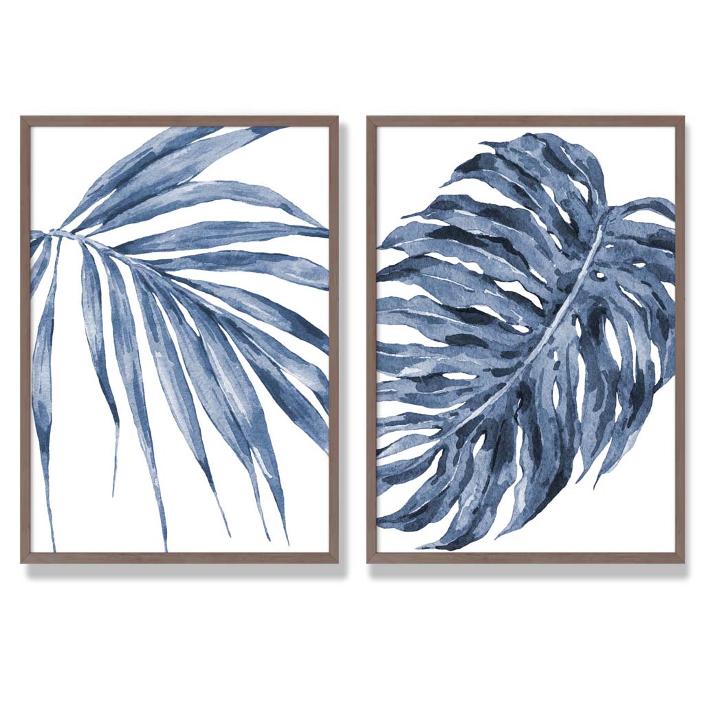 Blaue Monstera Papyrus Aquarellrahmen Set mit 2 Kunstdrucken