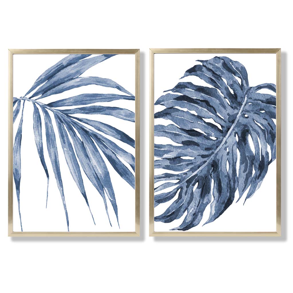 Blaue Monstera Papyrus Aquarellrahmen Set mit 2 Kunstdrucken