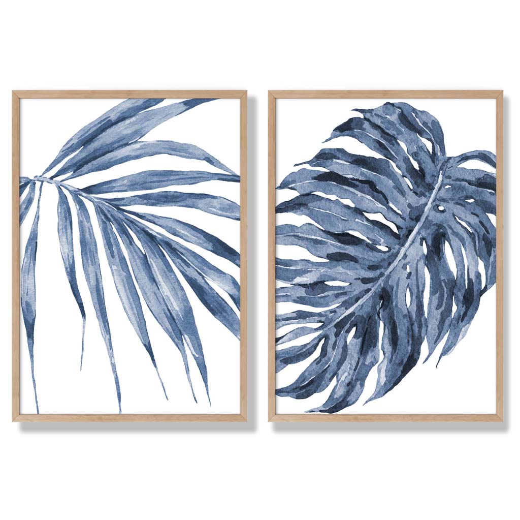 Blaue Monstera Papyrus Aquarellrahmen Set mit 2 Kunstdrucken