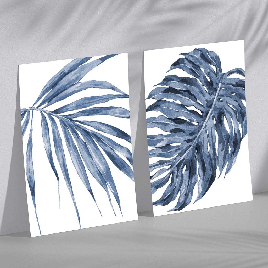 Blaue Monstera Papyrus Aquarellrahmen Set mit 2 Kunstdrucken