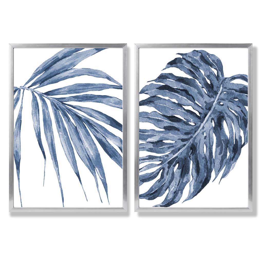 Blaue Monstera Papyrus Aquarellrahmen Set mit 2 Kunstdrucken