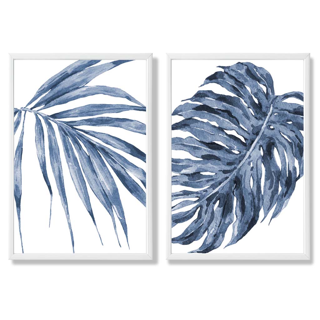 Blaue Monstera Papyrus Aquarellrahmen Set mit 2 Kunstdrucken