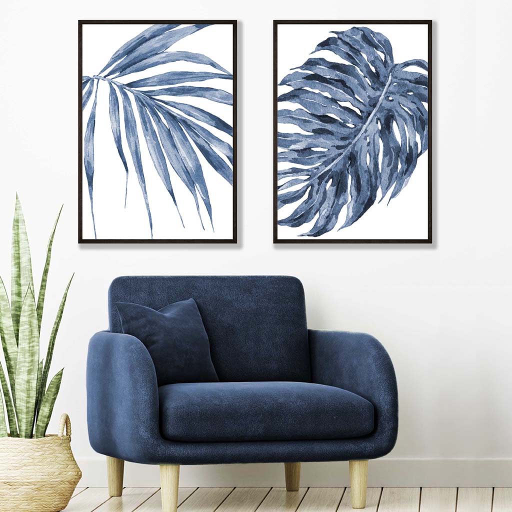 Blaue Monstera Papyrus Aquarellrahmen Set mit 2 Kunstdrucken