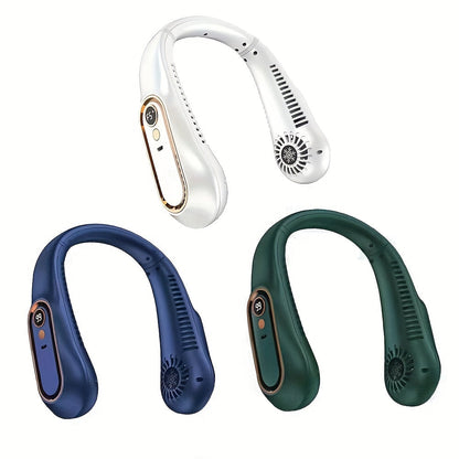 Bleib cool und bequem mit diesem USB-wiederaufladbaren Nackenventilator mit 5 Geschwindigkeitsstufen - Digitalanzeige und bladeloos! | Brehn