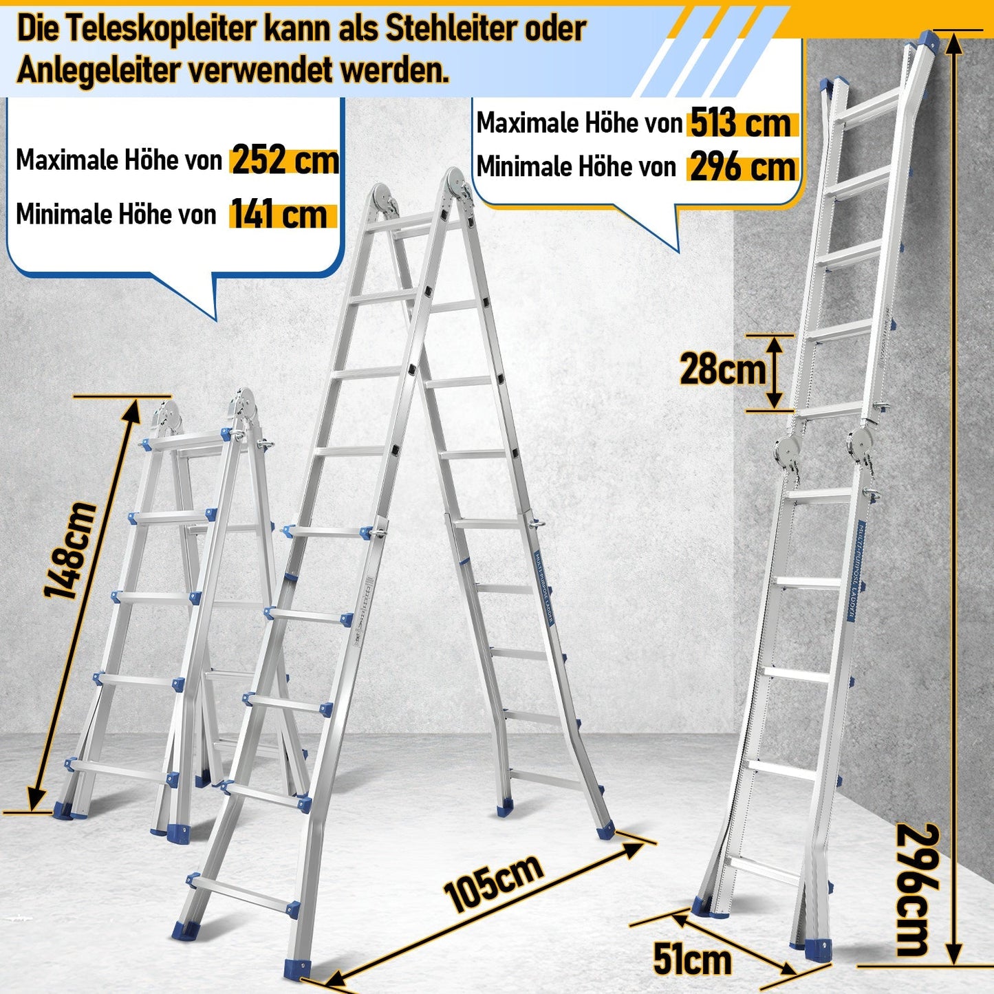Teleskopleiter Multifunktionsleiter 3 in 1 Aluleiter | Brehn