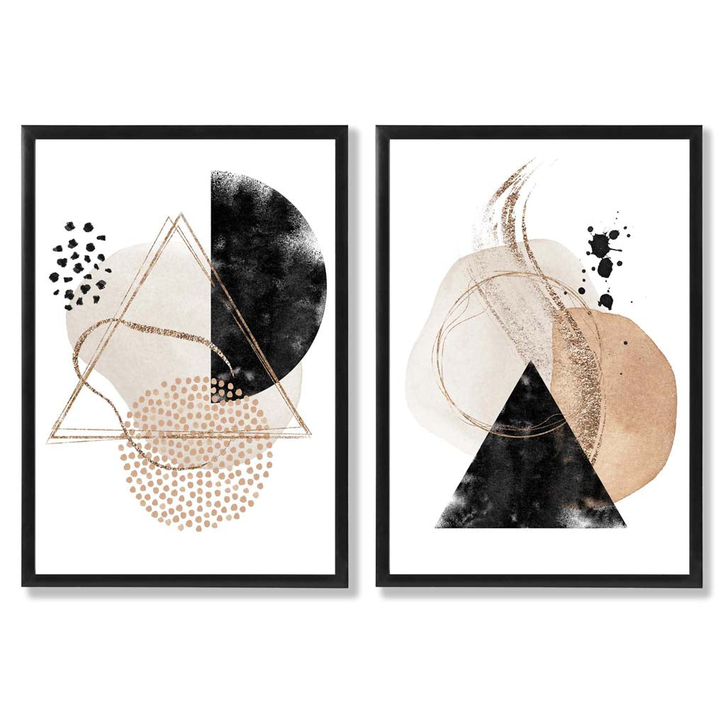 Set aus 2 Kunstdrucken mit beigefarbenen und schwarzen abstrakten Formen in Rahmen