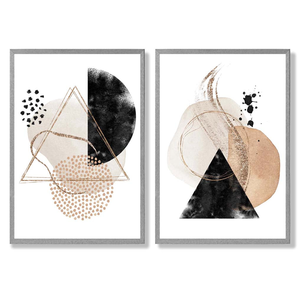 Set aus 2 Kunstdrucken mit beigefarbenen und schwarzen abstrakten Formen in Rahmen
