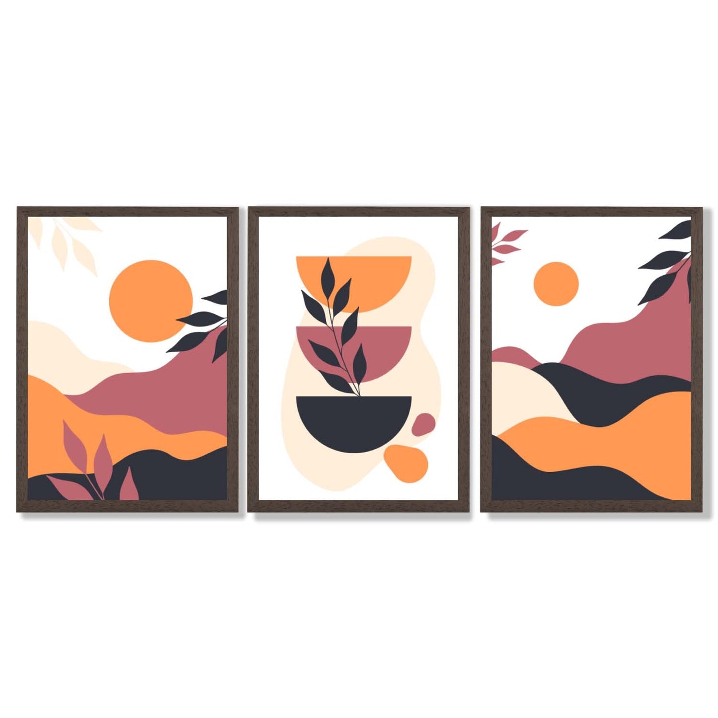 Boho-Stil, leuchtendes Pink-Orange, 3er-Set gerahmter Kunstdrucke