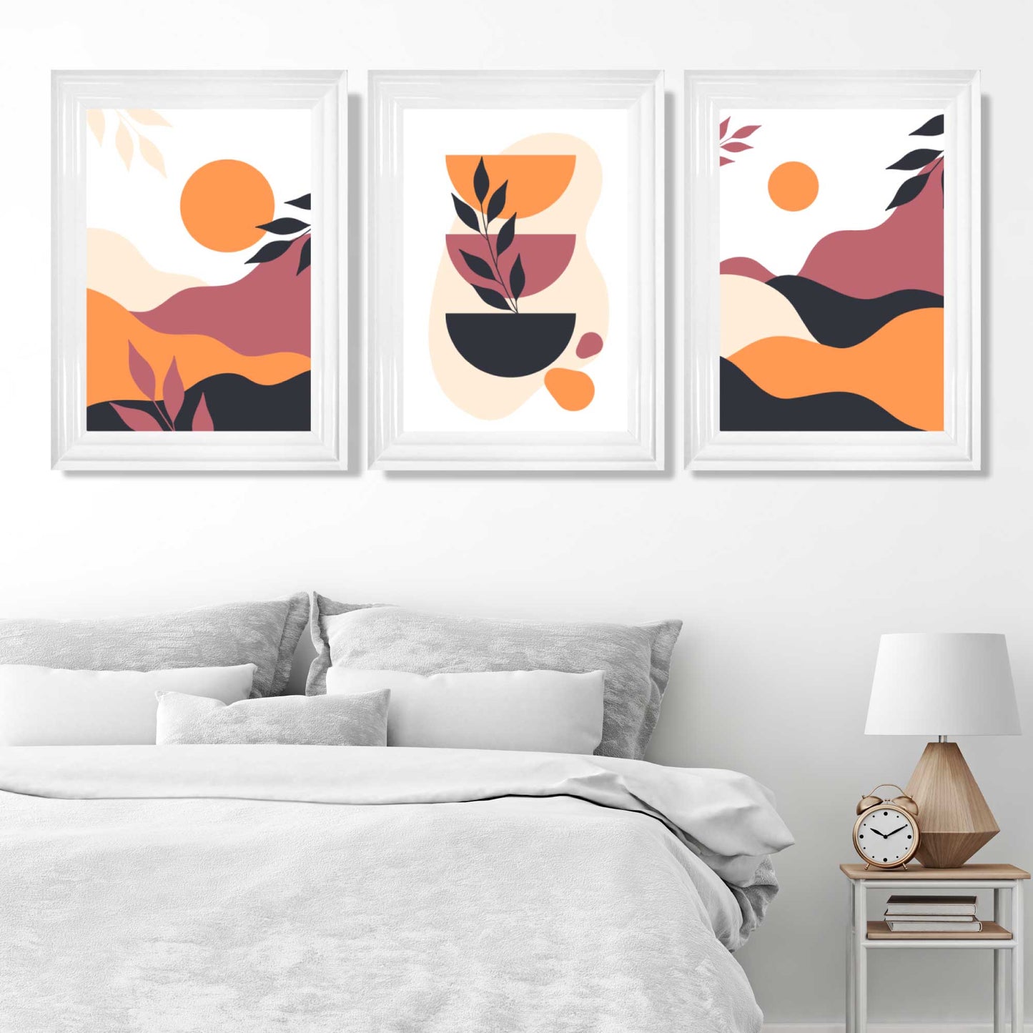 Boho-Stil, leuchtendes Pink-Orange, 3er-Set Kunstdrucke