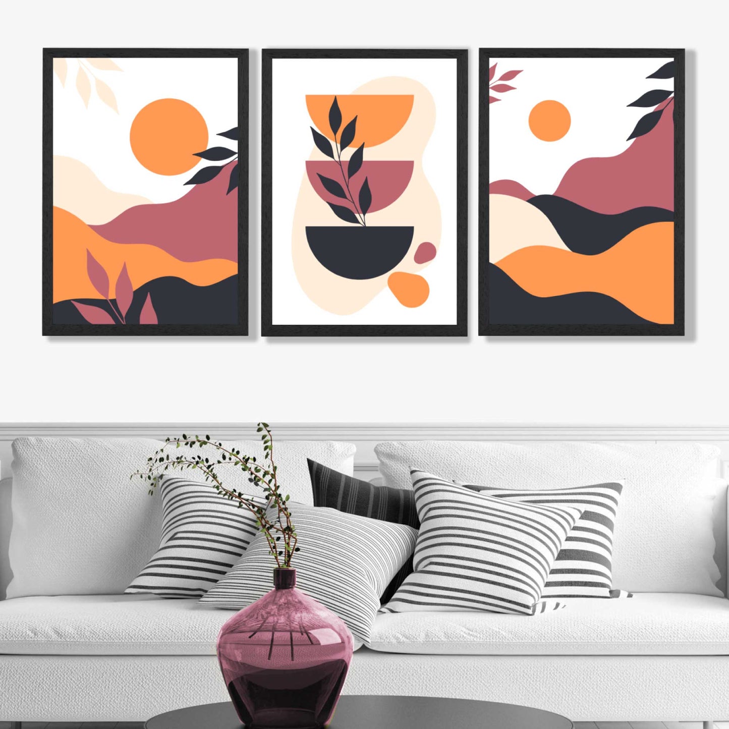 Boho-Stil, leuchtendes Pink-Orange, 3er-Set Kunstdrucke