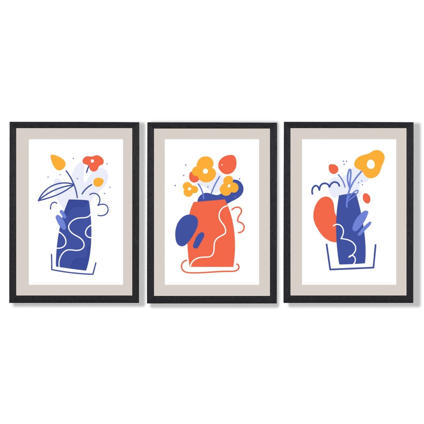 Boho-minimalistischer, floraler Kunstdruck in Blau und Orange – 3er-Set gerahmte Kunstdrucke