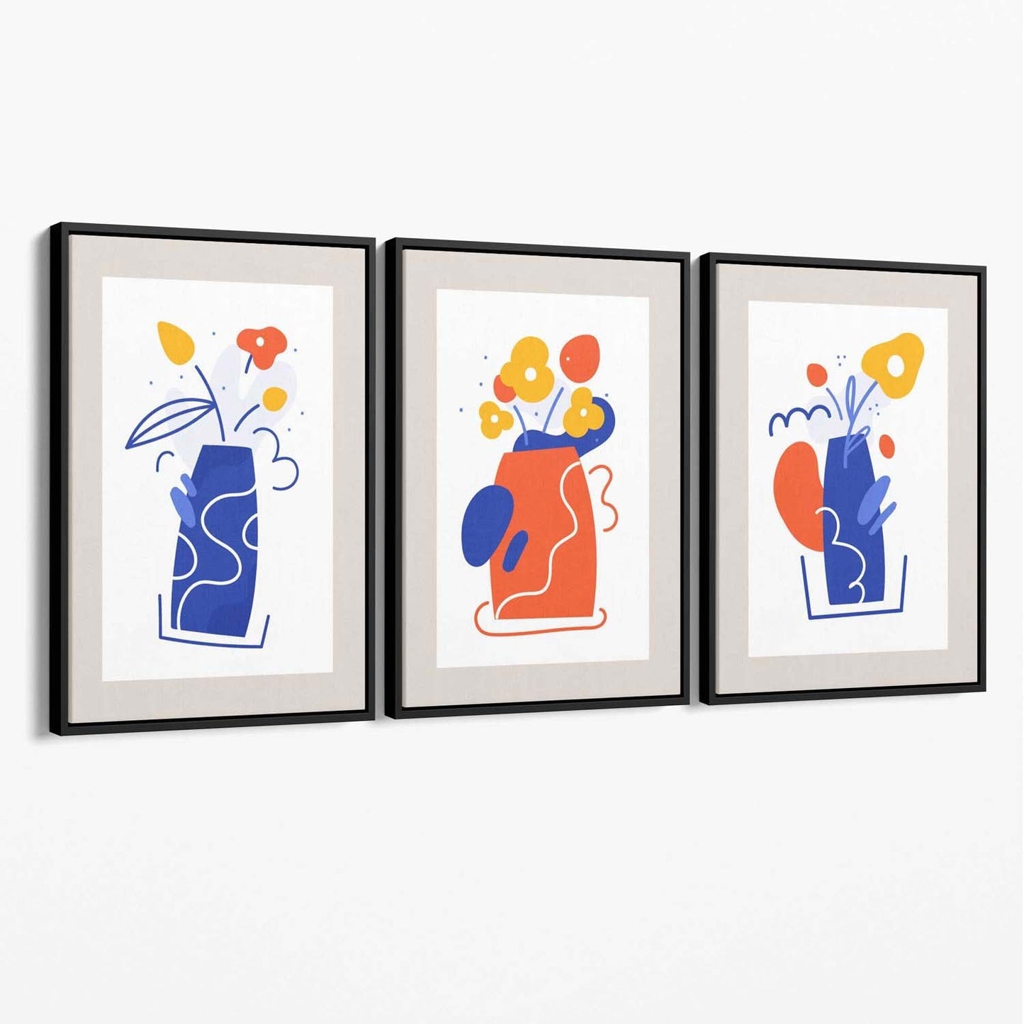 Boho-minimalistisches Blumenmuster in Blau und Orange, 3er-Set Leinwanddrucke