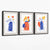 Boho-minimalistisches Blumenmuster in Blau und Orange, 3er-Set Leinwanddrucke