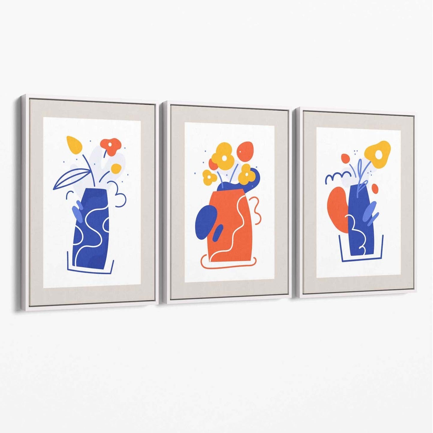 Boho-minimalistisches Blumenmuster in Blau und Orange, 3er-Set Leinwanddrucke