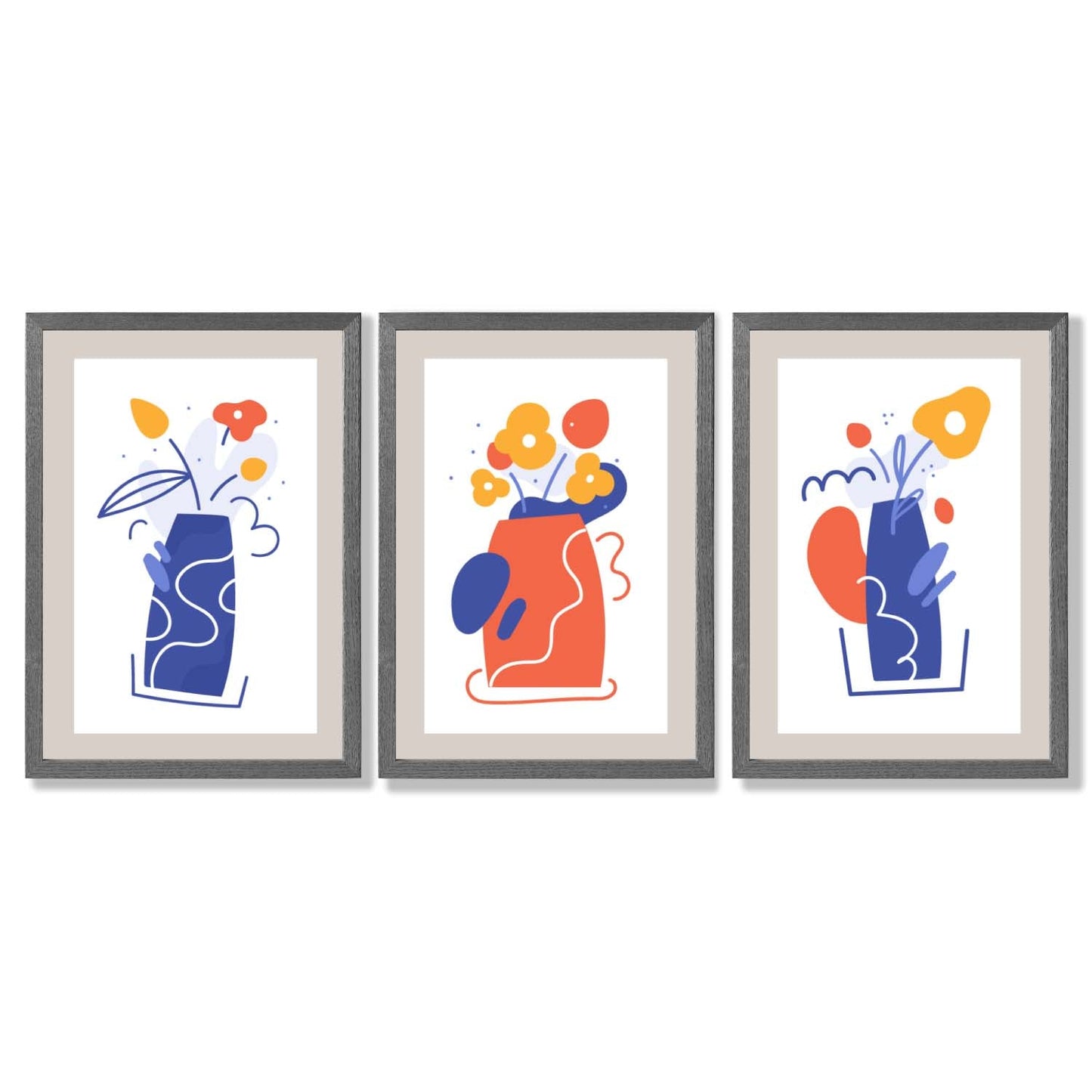 Boho-minimalistischer, floraler Kunstdruck in Blau und Orange – 3er-Set gerahmte Kunstdrucke