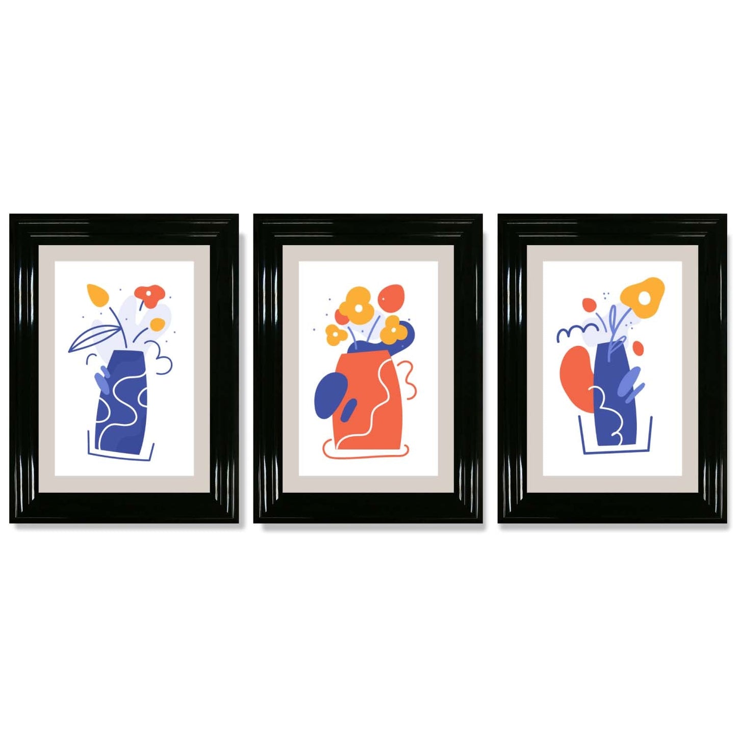 Boho-minimalistischer, floraler Kunstdruck in Blau und Orange – 3er-Set gerahmte Kunstdrucke