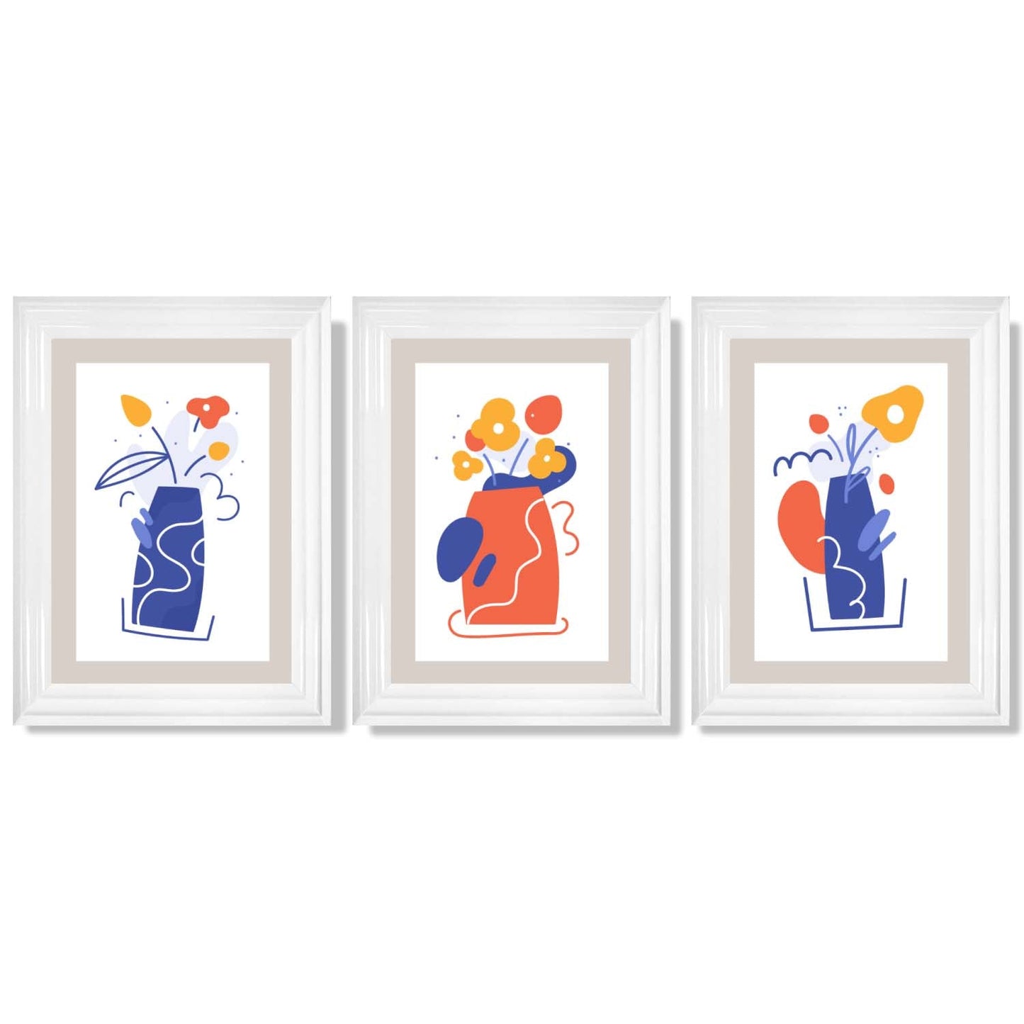 Boho-minimalistischer, floraler Kunstdruck in Blau und Orange – 3er-Set gerahmte Kunstdrucke