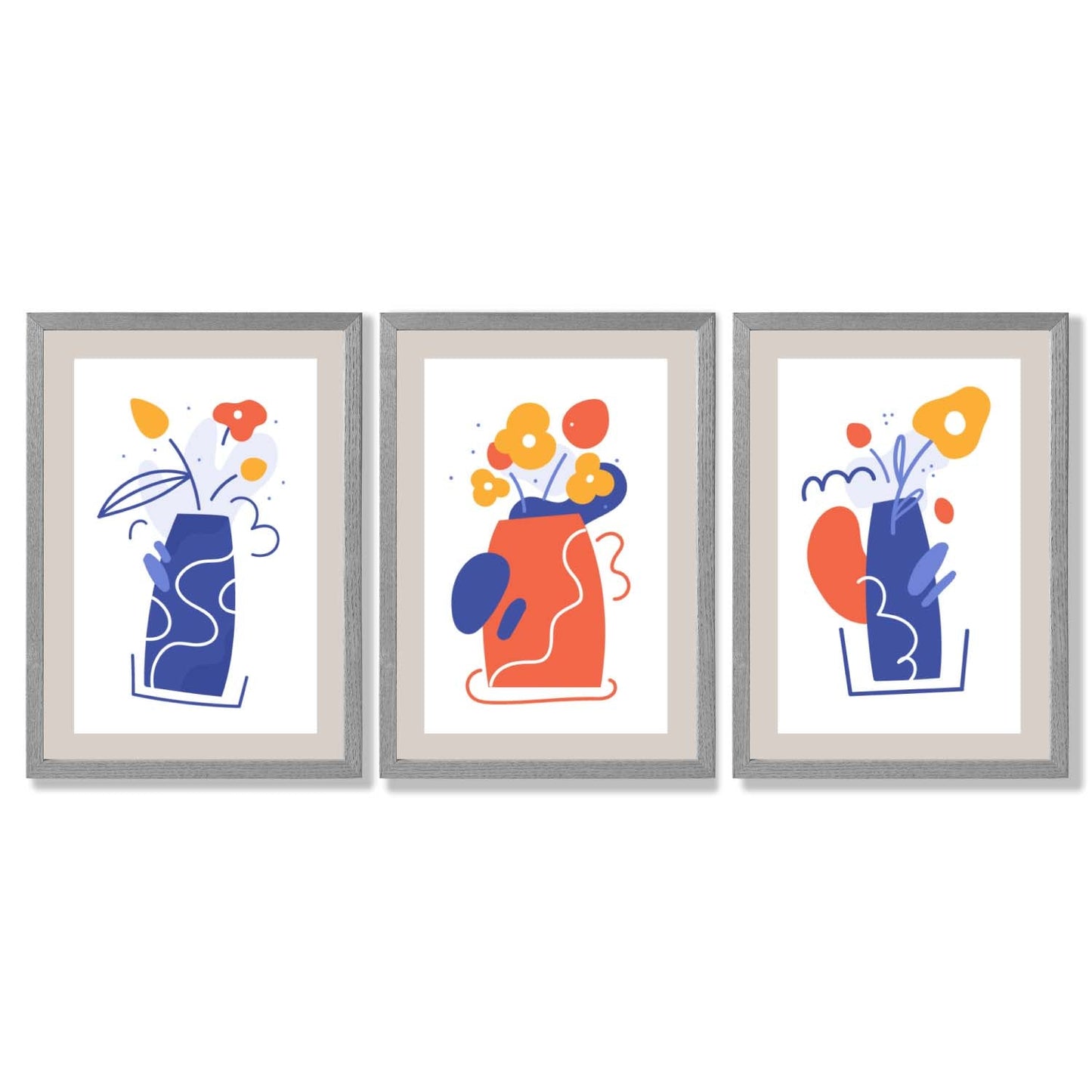 Boho-minimalistischer, floraler Kunstdruck in Blau und Orange – 3er-Set gerahmte Kunstdrucke