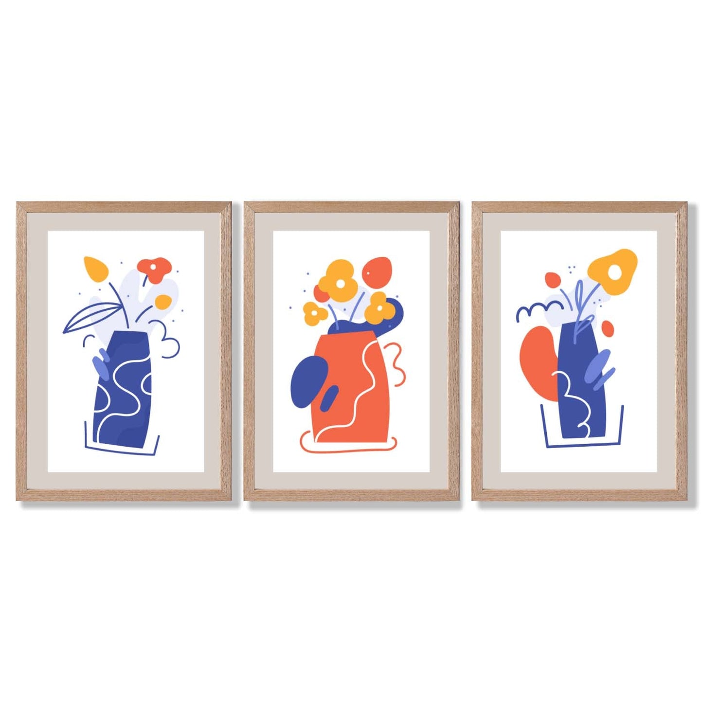 Boho-minimalistischer, floraler Kunstdruck in Blau und Orange – 3er-Set gerahmte Kunstdrucke