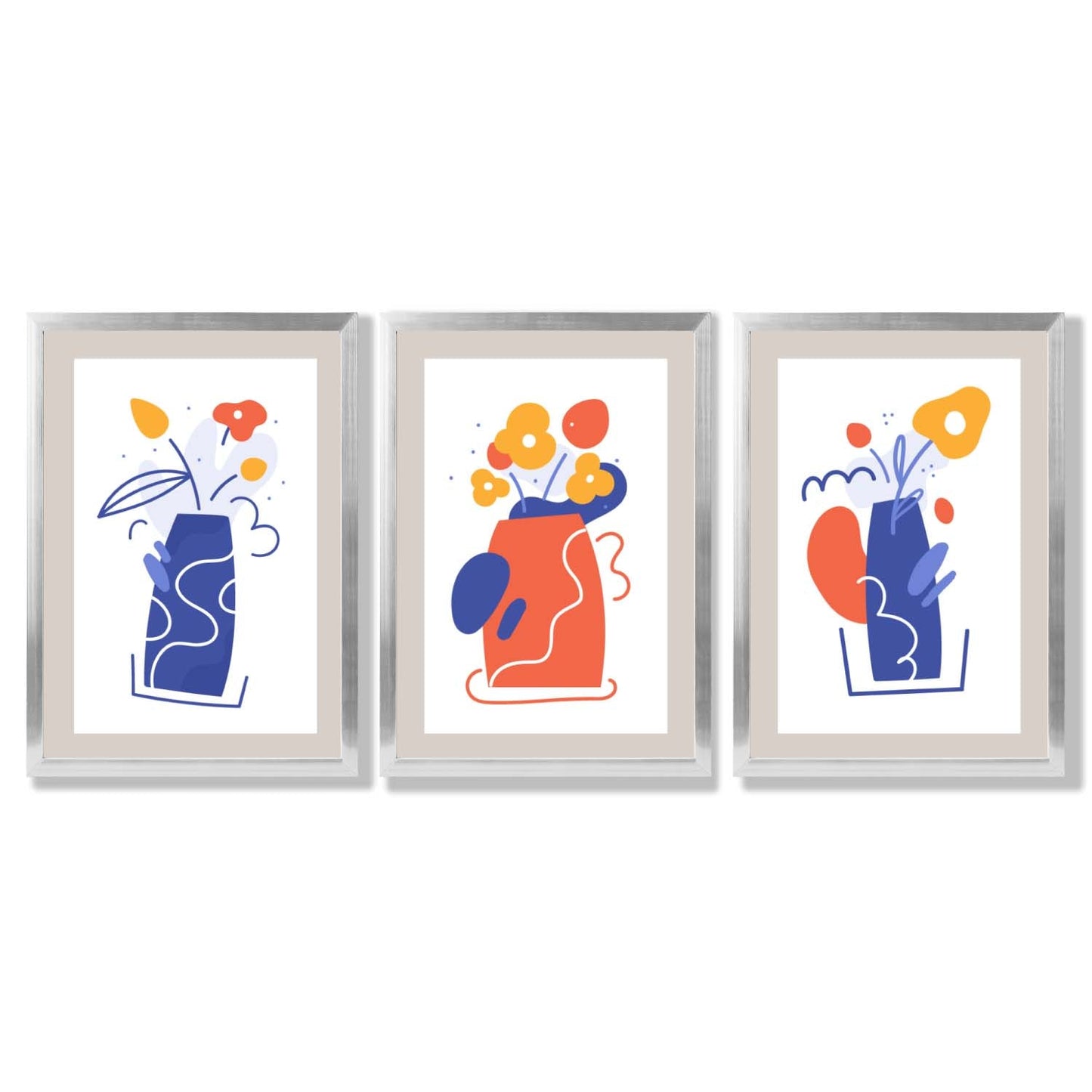 Boho-minimalistischer, floraler Kunstdruck in Blau und Orange – 3er-Set gerahmte Kunstdrucke