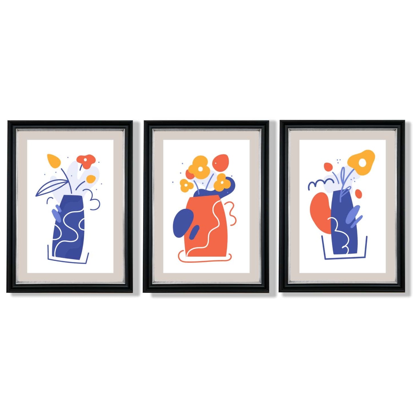Boho-minimalistischer, floraler Kunstdruck in Blau und Orange – 3er-Set gerahmte Kunstdrucke
