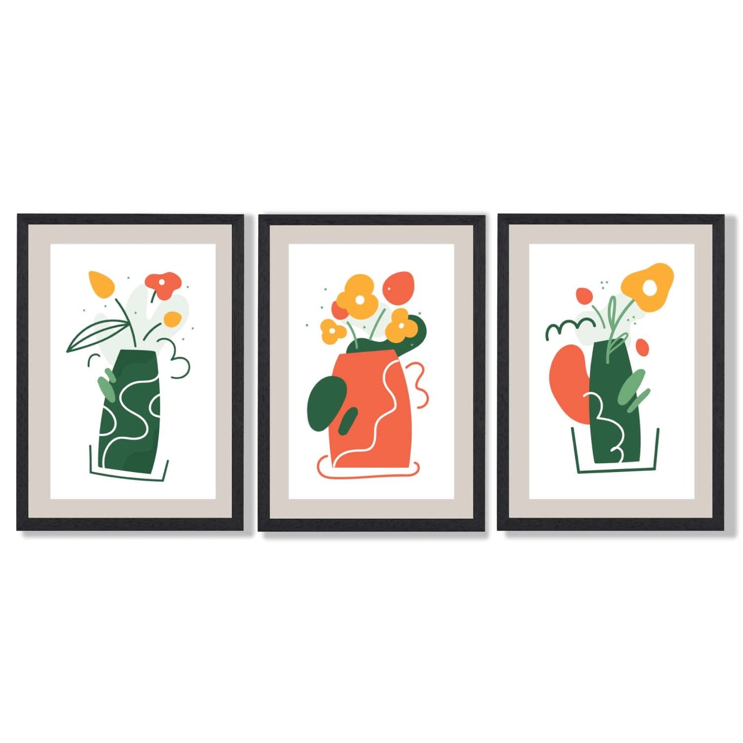 Boho-minimalistischer Kunstdruck mit Blumenmuster in Grün und Orange, 3er-Set gerahmte Kunstdrucke