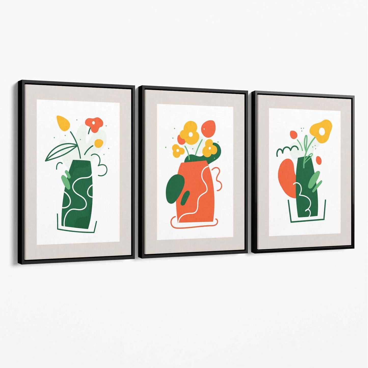 Boho-minimalistisches Blumenmuster in Grün und Orange, 3er-Set Leinwanddrucke