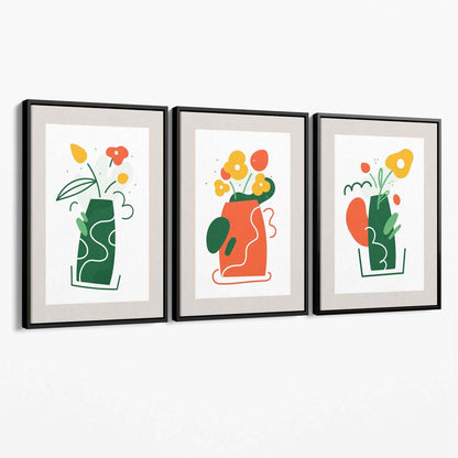 Boho-minimalistisches Blumenmuster in Grün und Orange, 3er-Set Leinwanddrucke