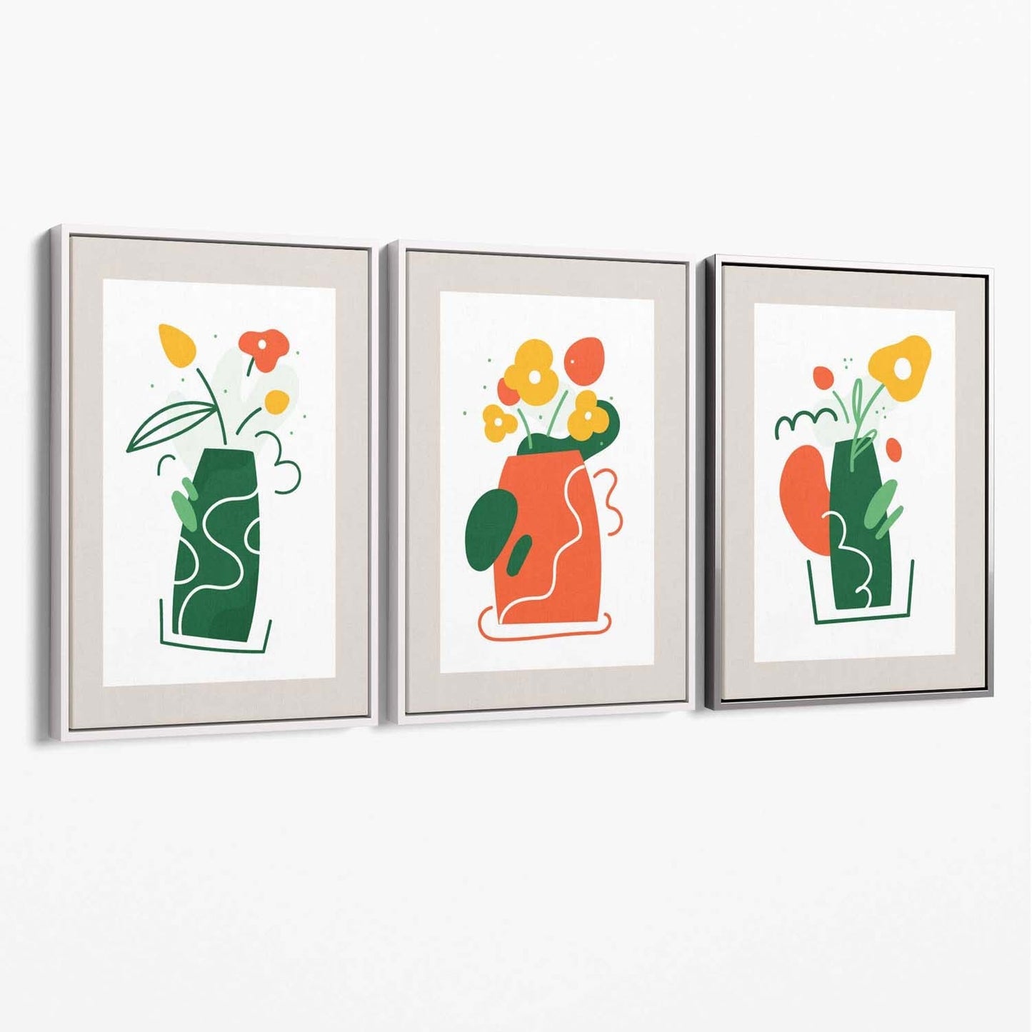 Boho-minimalistisches Blumenmuster in Grün und Orange, 3er-Set Leinwanddrucke