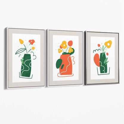 Boho-minimalistisches Blumenmuster in Grün und Orange, 3er-Set Leinwanddrucke