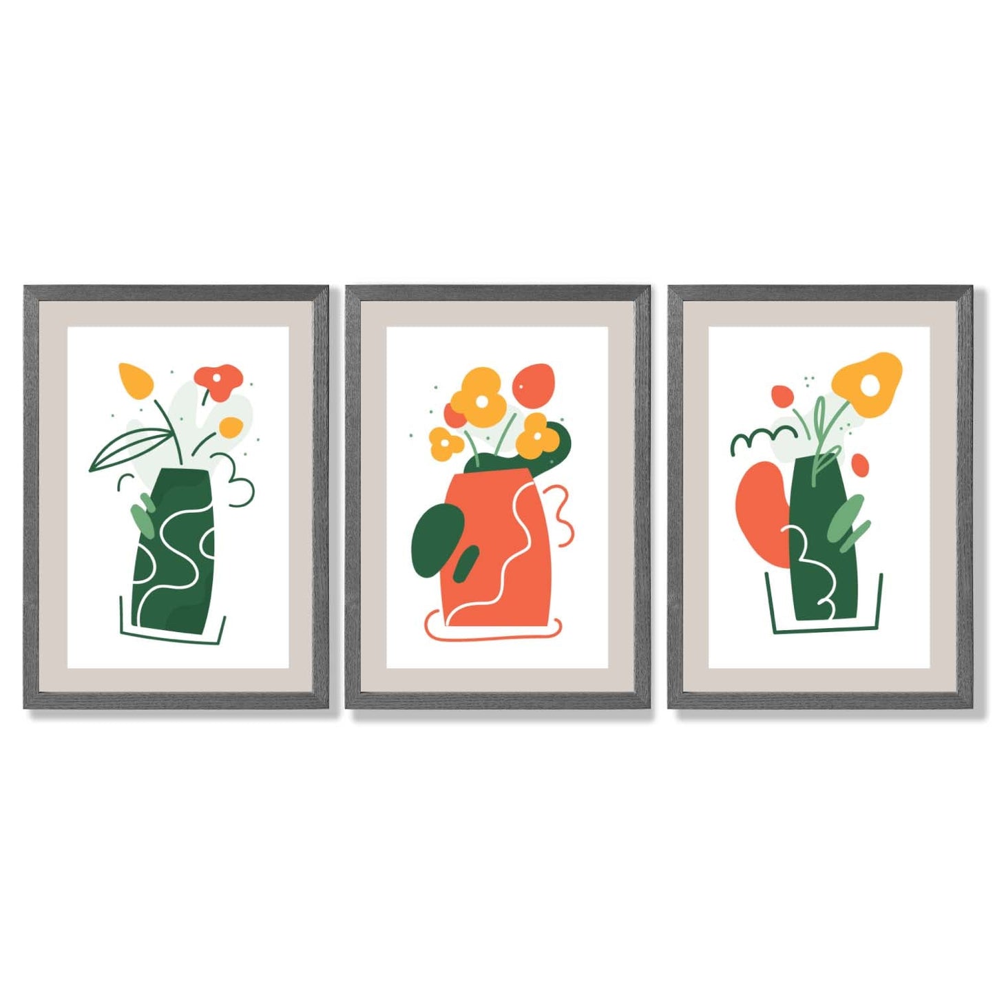 Boho-minimalistischer Kunstdruck mit Blumenmuster in Grün und Orange, 3er-Set gerahmte Kunstdrucke