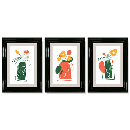 Boho-minimalistischer Kunstdruck mit Blumenmuster in Grün und Orange, 3er-Set gerahmte Kunstdrucke
