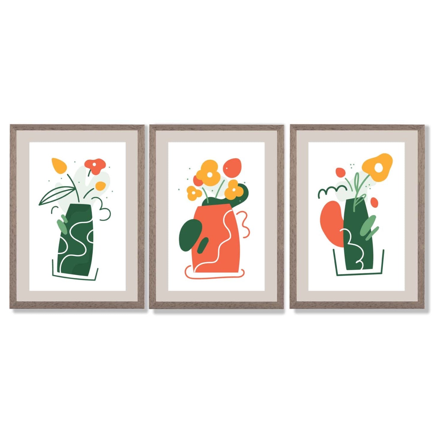 Boho-minimalistischer Kunstdruck mit Blumenmuster in Grün und Orange, 3er-Set gerahmte Kunstdrucke