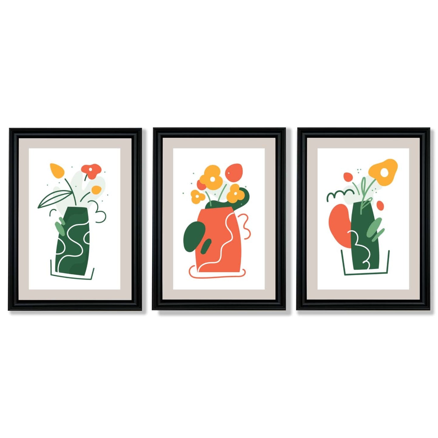 Boho-minimalistischer Kunstdruck mit Blumenmuster in Grün und Orange, 3er-Set gerahmte Kunstdrucke