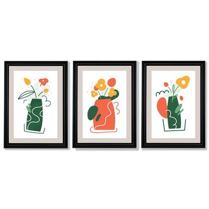 Boho-minimalistischer Kunstdruck mit Blumenmuster in Grün und Orange, 3er-Set gerahmte Kunstdrucke