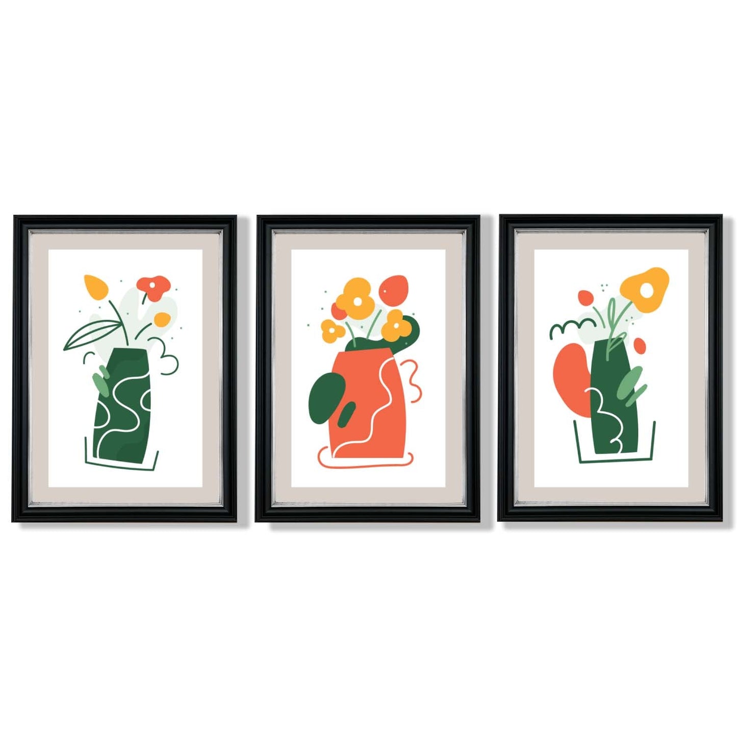 Boho-minimalistischer Kunstdruck mit Blumenmuster in Grün und Orange, 3er-Set gerahmte Kunstdrucke