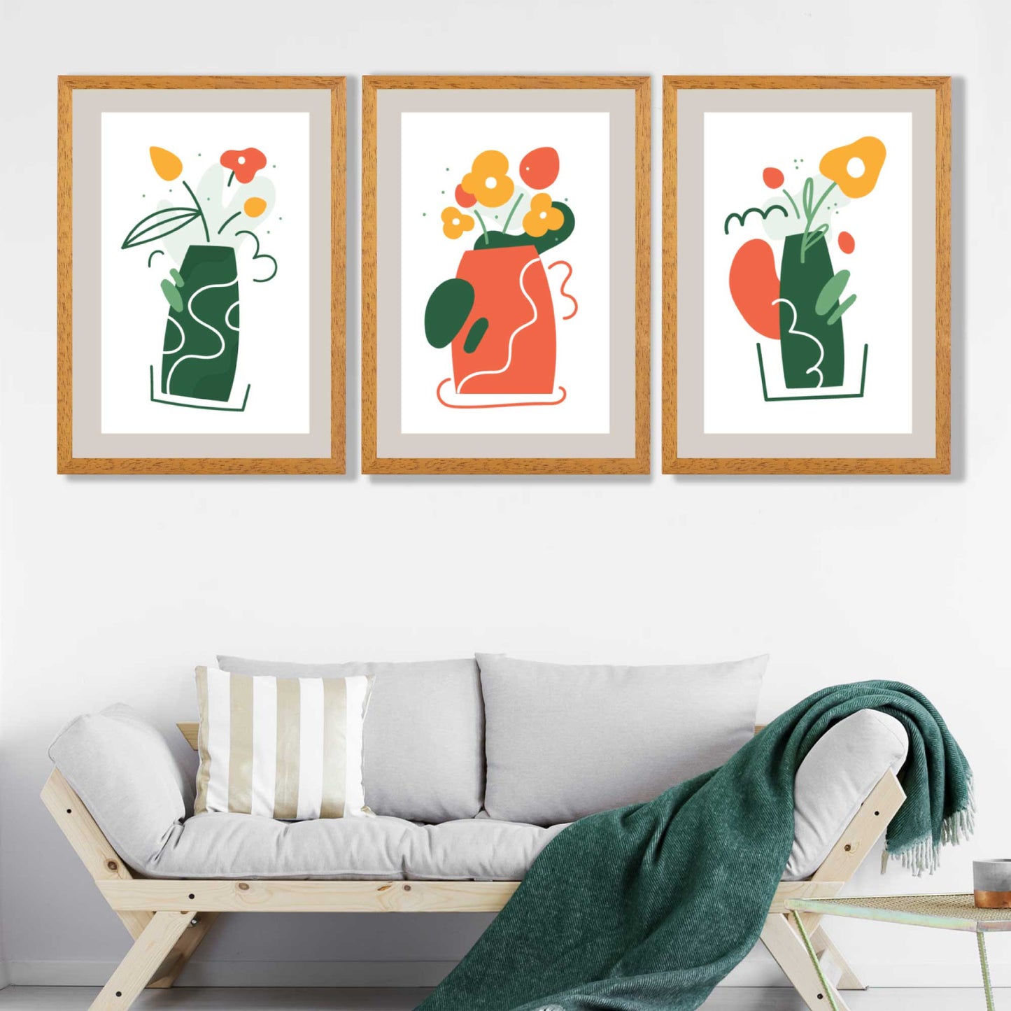 Boho-minimalistisches florales Set aus 3 Kunstdrucken in Grün und Orange
