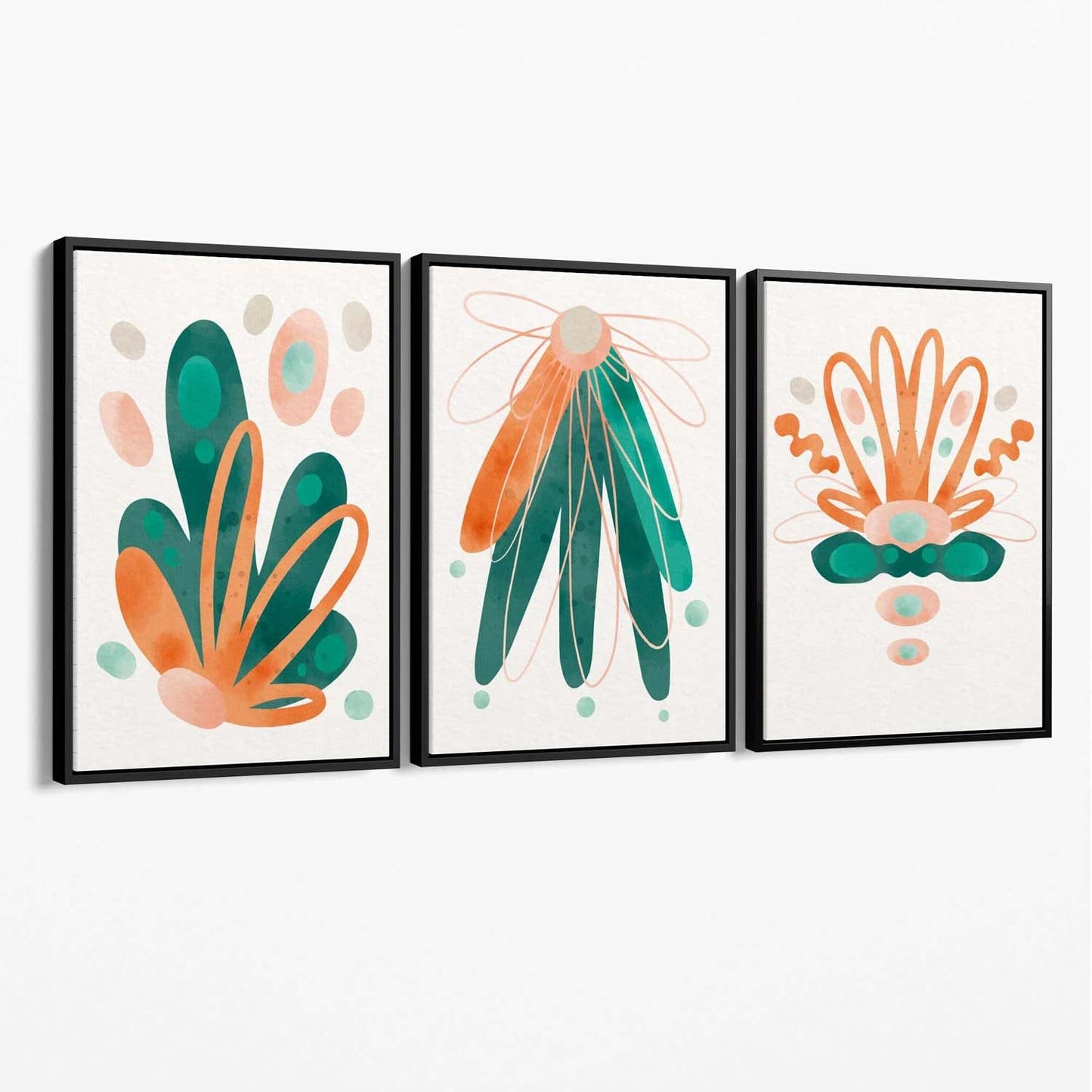 Abstraktes grün-oranges Blumen-Set aus 3 Leinwanddrucken