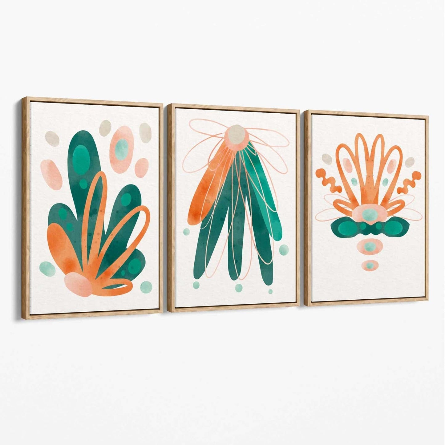 Abstraktes grün-oranges Blumen-Set aus 3 Leinwanddrucken